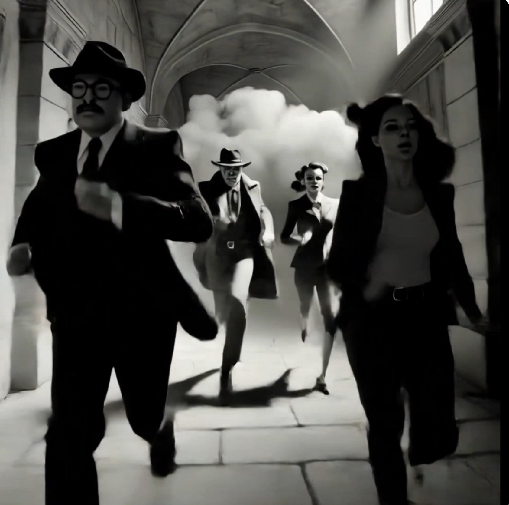 Investigators running through a vaulted stone corridor