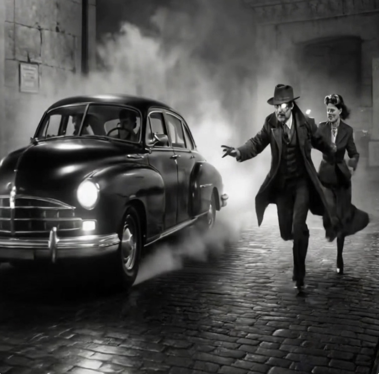 A noir pursuit on a fog-soaked cobblestone street